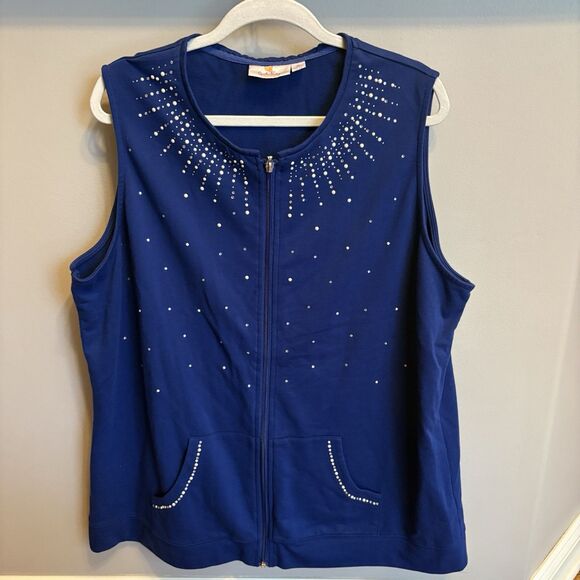 Quacker Factory Womens XL Studded Velour Zip-Up Vest Pockets Relaxed Fit Blue - Picture 10 of 12